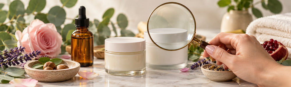 Magnifying glass examining plain skincare containers and botanical ingredients.