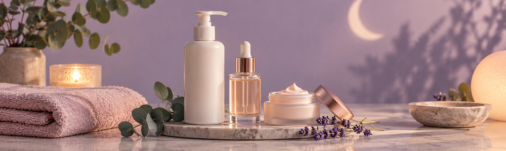 Evening skincare routine with unlabeled cleanser, serum, and night cream