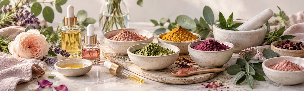 Botanical powders and oils showing natural cosmetic color variation