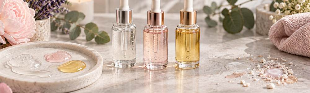 Three serum textures arranged for a layered skin care routine