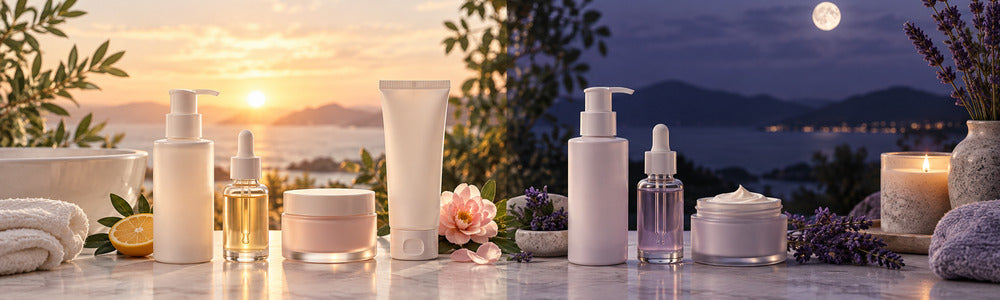 Morning and evening skin care routines shown from sunrise to moonlight