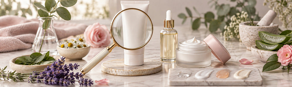 Magnifying glass and plain skin care containers for reading ingredients