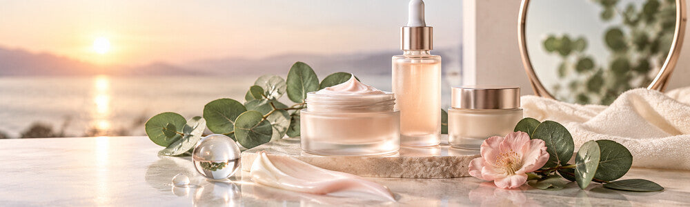 Hydrating age-supportive skin care arranged in morning light