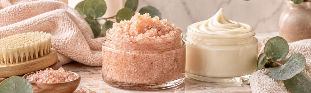 Gentle body scrub and rich moisturizer for smoother-looking dry skin