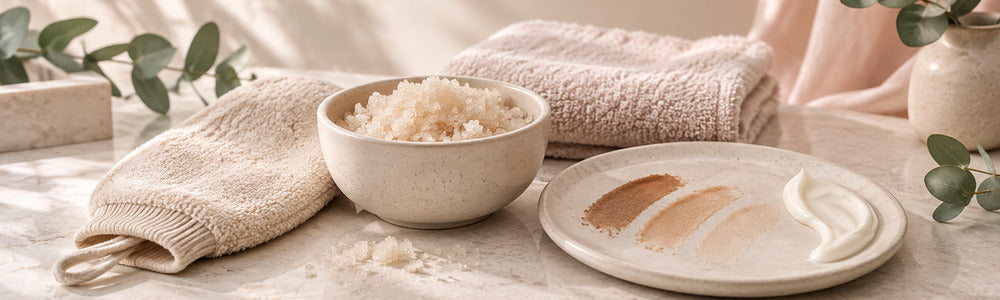 Body scrub, towel, moisturizer, and fading tan swatches for gentle self-tanner removal