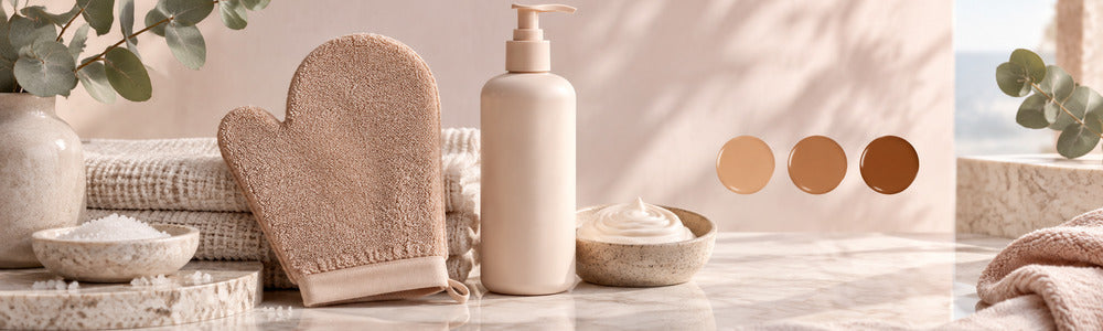 Exfoliating mitt, moisturizer, and gradual tan swatches for longer-lasting self-tan