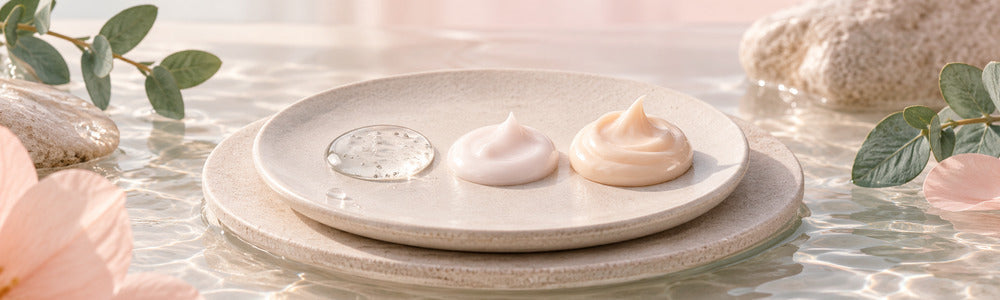 Hydration layering sequence with serum, light cream, and rich moisturizer textures