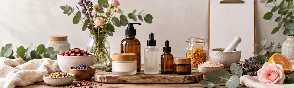 Vegan and cruelty-free skincare shopping guide with unlabeled skincare vessels and botanical ingredients.