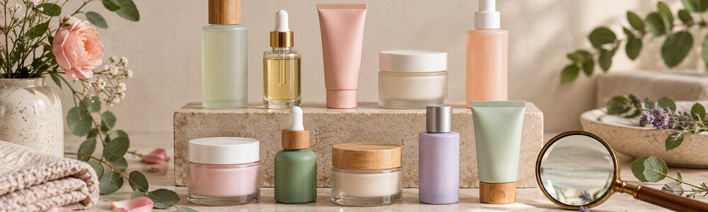 Ten unlabeled skincare vessels arranged for a vegan and cruelty-free brand comparison guide
