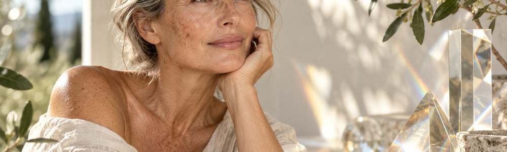 Mature woman with natural skin texture in soft light beside botanical and prism details