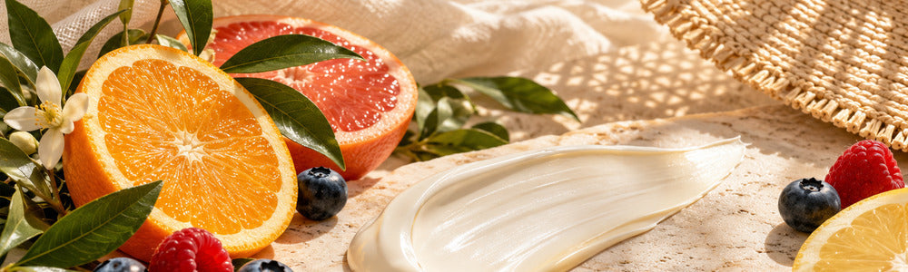 Citrus berries and sunscreen cream illustrating SPF and antioxidant skin care
