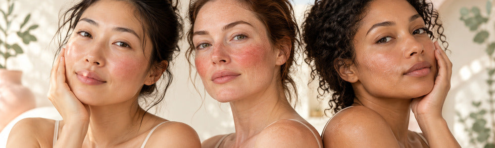 Three women illustrating rosacea flushing, sensitive skin and barrier irritation