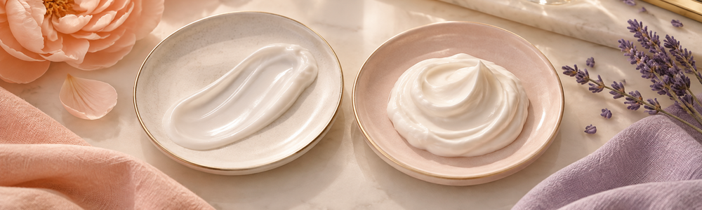 Light body lotion and rich cream textures for dry mature-looking skin
