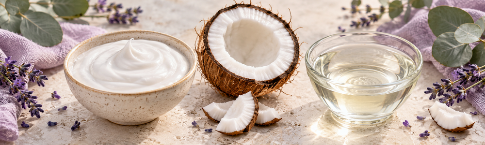 Coconut milk lotion and coconut oil textures compared side by side