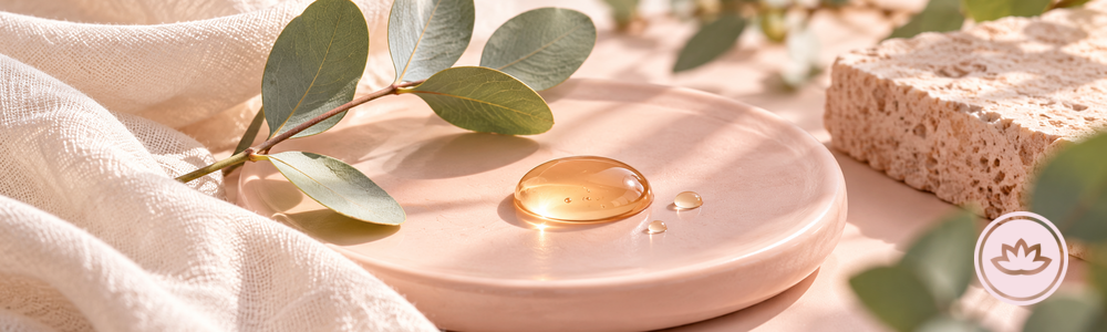Glimmer Goddess dark spot serum guide banner with botanical leaves, an amber serum droplet, blush ceramics, and the brand lotus mark