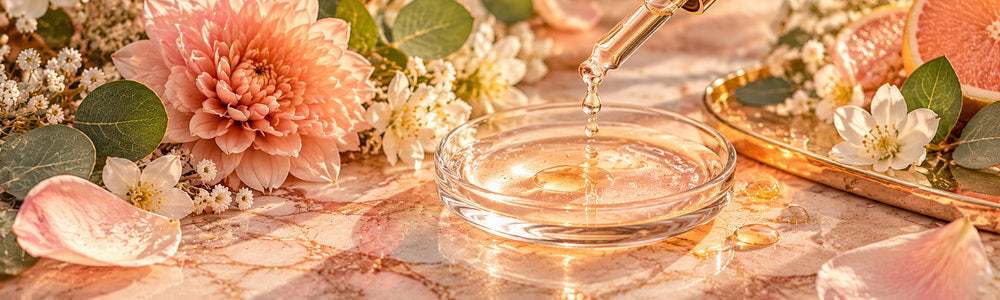 Luminous serum droplets over peach marble with delicate blush flowers and botanicals in an elegant skincare setting