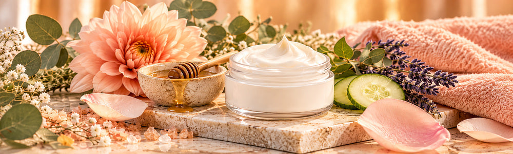 Luxurious botanical skincare cream with peach dahlia, honey, lavender and eucalyptus in warm spa setting