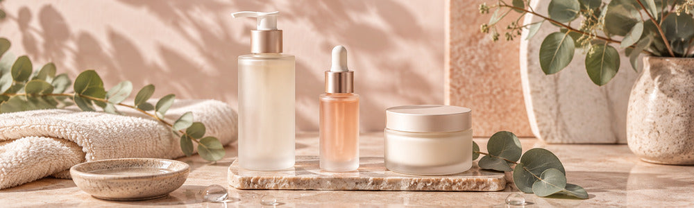 A simple natural skincare routine arranged with eucalyptus in soft Glimmer Goddess colors