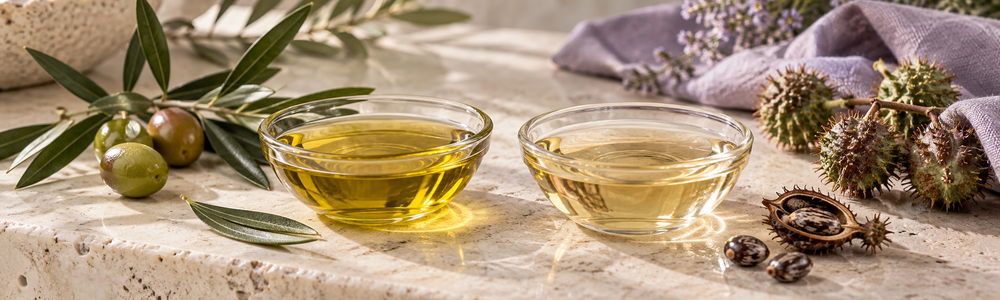 Olive oil and castor oil skincare comparison with botanical accents