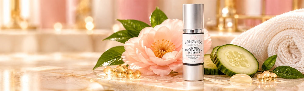 Glimmer Goddess Organic Age Reversing Eye Serum in a luxurious peach-toned spa setting with flowers and cucumber