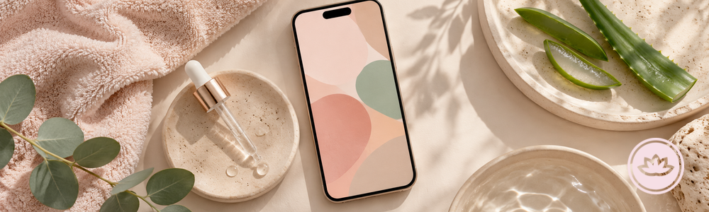 Glimmer Goddess viral skincare guide banner with a phone, botanical accents, skincare still life, and brand lotus mark