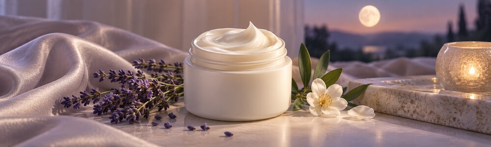 Rich night cream in a calm evening skincare setting