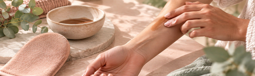 Careful forearm patch test beside a tanning mitt