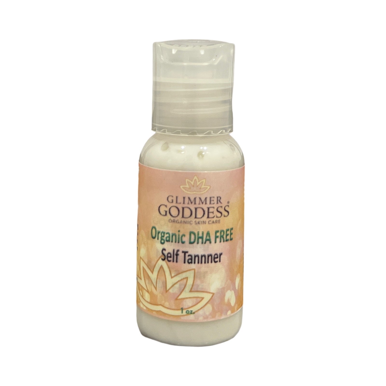 Glimmer Goddess Organic Self Tanner in dark shade, 1oz DHA-free tanning sample with natural, glowing bronze finish.