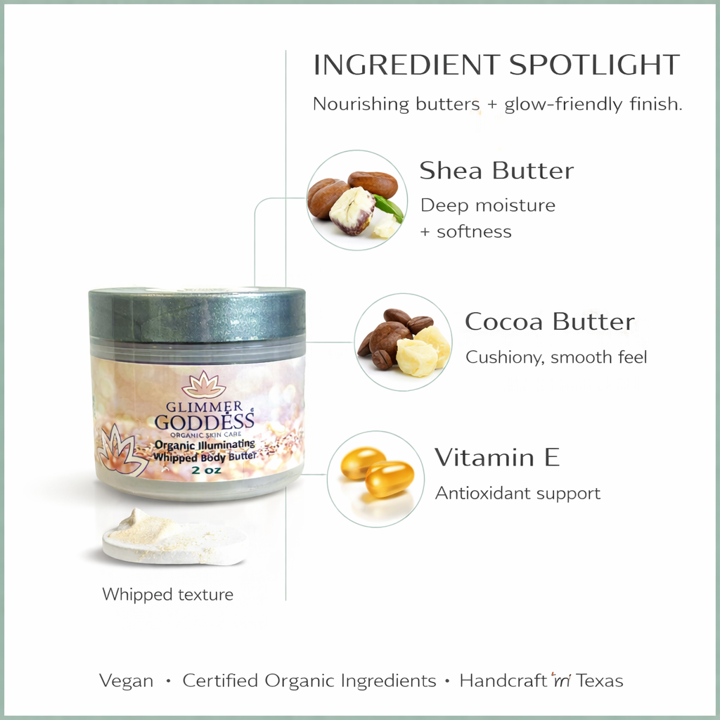 Close-up of the ingredients label on Glimmer Goddess Organic Shimmering Body Butter 2 oz travel size jar, highlighting shimmer and natural formula.