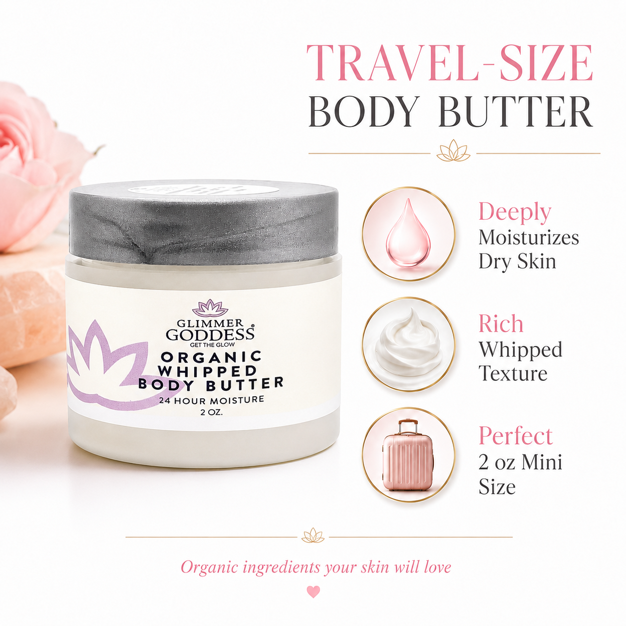 Glimmer Goddess Organic Whipped Body Butter 2 oz mini travel size on a clean white background with benefits for dry skin moisture, whipped texture, and travel-friendly skincare.