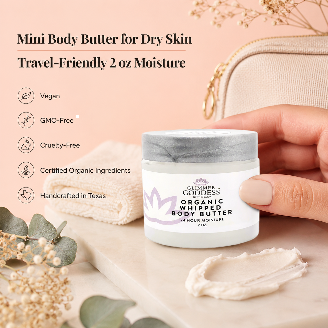 Glimmer Goddess organic whipped body butter with branding and product details on a light pink background.