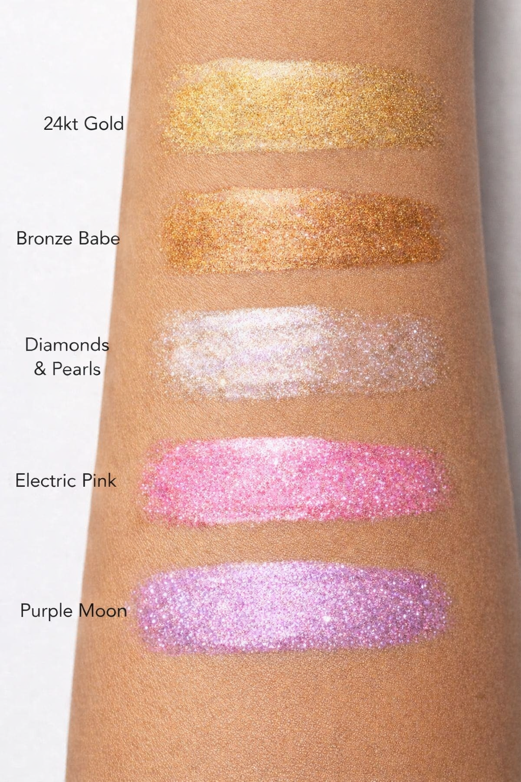 Five shades of Glimmer Goddess® Organic Shimmer Oil with luminous, natural glow for radiant skin.