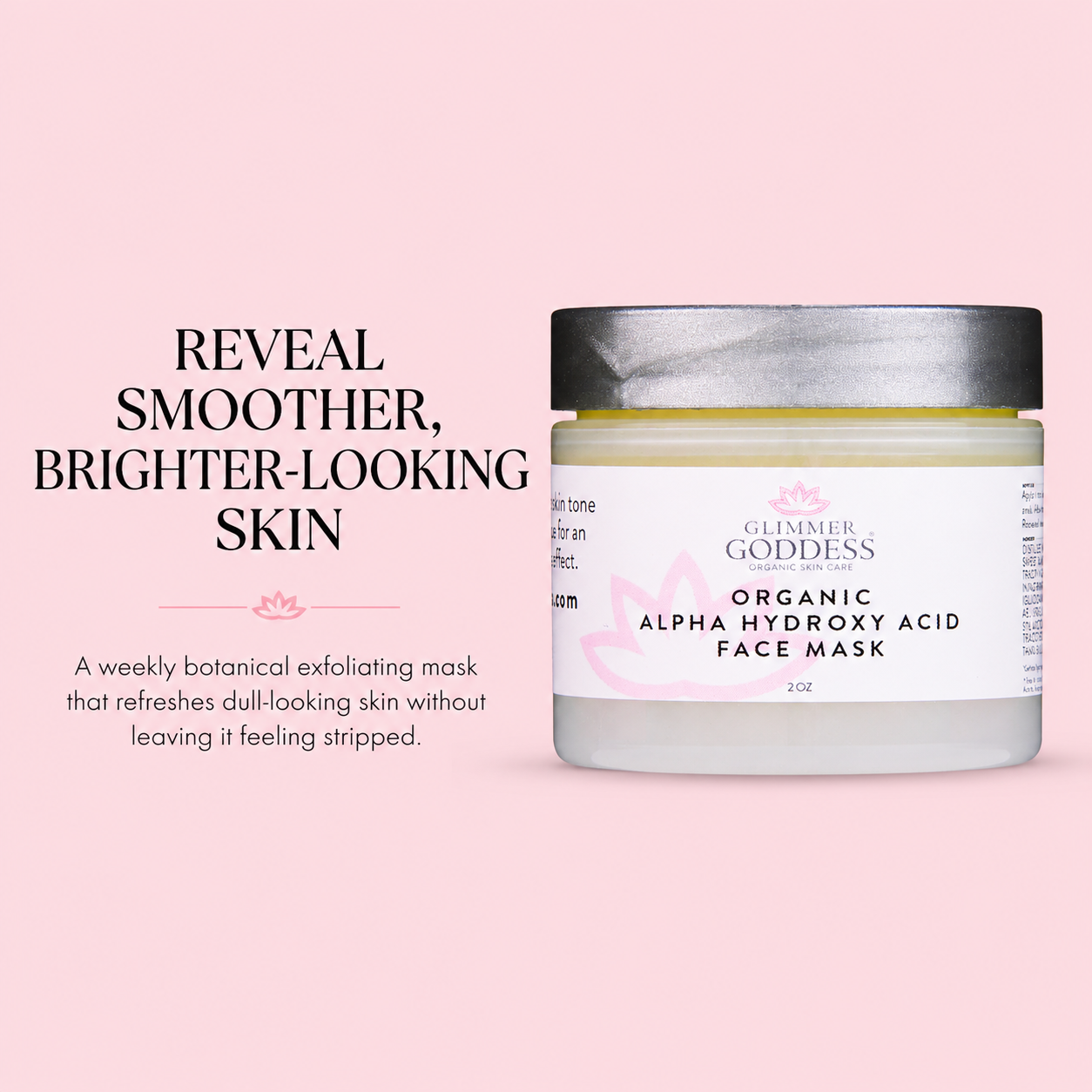 Glimmer Goddess Organic Alpha Hydroxy Acid Face Mask in a frosted glass jar with a silver lid, set against a solid pink background with promotional text.