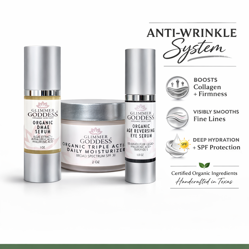 Organic Anti-Wrinkle Trio by Glimmer Goddess featuring DMAE Firming Serum, Age Reversing Eye Serum with Kakadu Plum and Peptides, and Triple Action Daily Moisturizer SPF 30 for collagen boost, firming, hydration, and fine line smoothing.