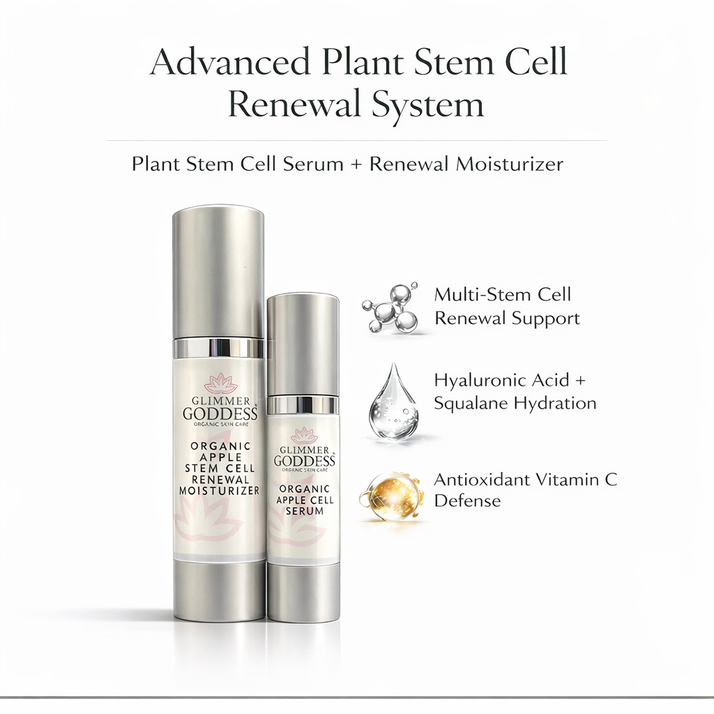 Apple Stem Cell Serum and Renewal Moisturizer duo by Glimmer Goddess featuring plant stem cell complex, hyaluronic acid, squalane, and vitamin C for firm, radiant skin, handcrafted in Texas.