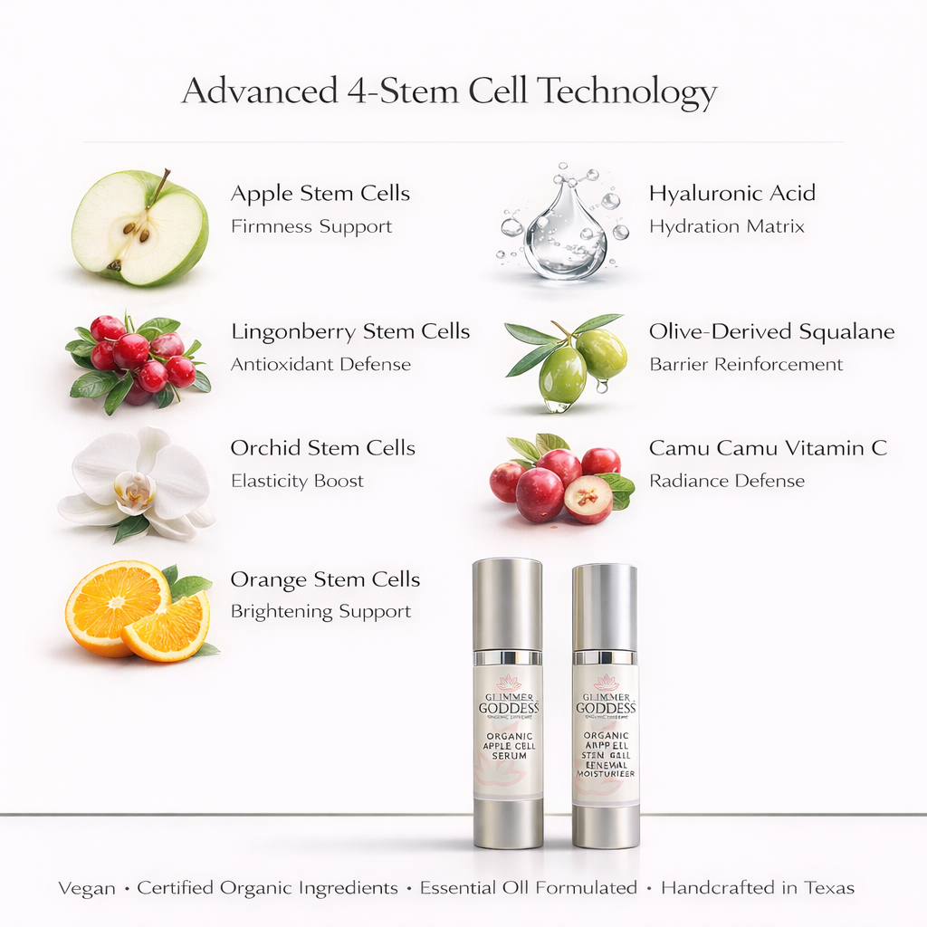 Ingredient science infographic for Apple Stem Cell Renewal Serum 1 oz and Multi-Stem Cell Renewal Moisturizer 2 oz by Glimmer Goddess highlighting advanced 4-stem cell technology including apple stem cells, lingonberry stem cells, orchid stem cells, orange stem cells, plus hyaluronic acid and olive-derived squalane for firm, hydrated, radiant skin, vegan, Certified Organic Ingredients, handcrafted in Texas.