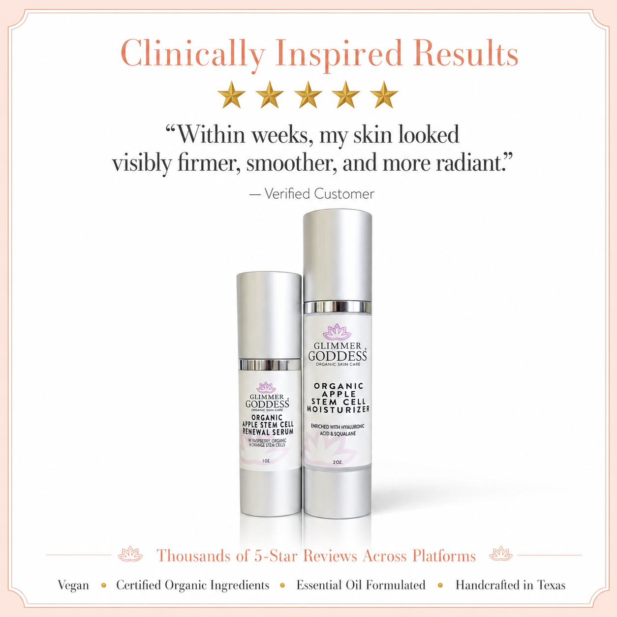 Glimmer Goddess Organic Skin Care Cellular Renewal Duo with apple stem cell serum and moisturizer, displayed in elegant bottles.
