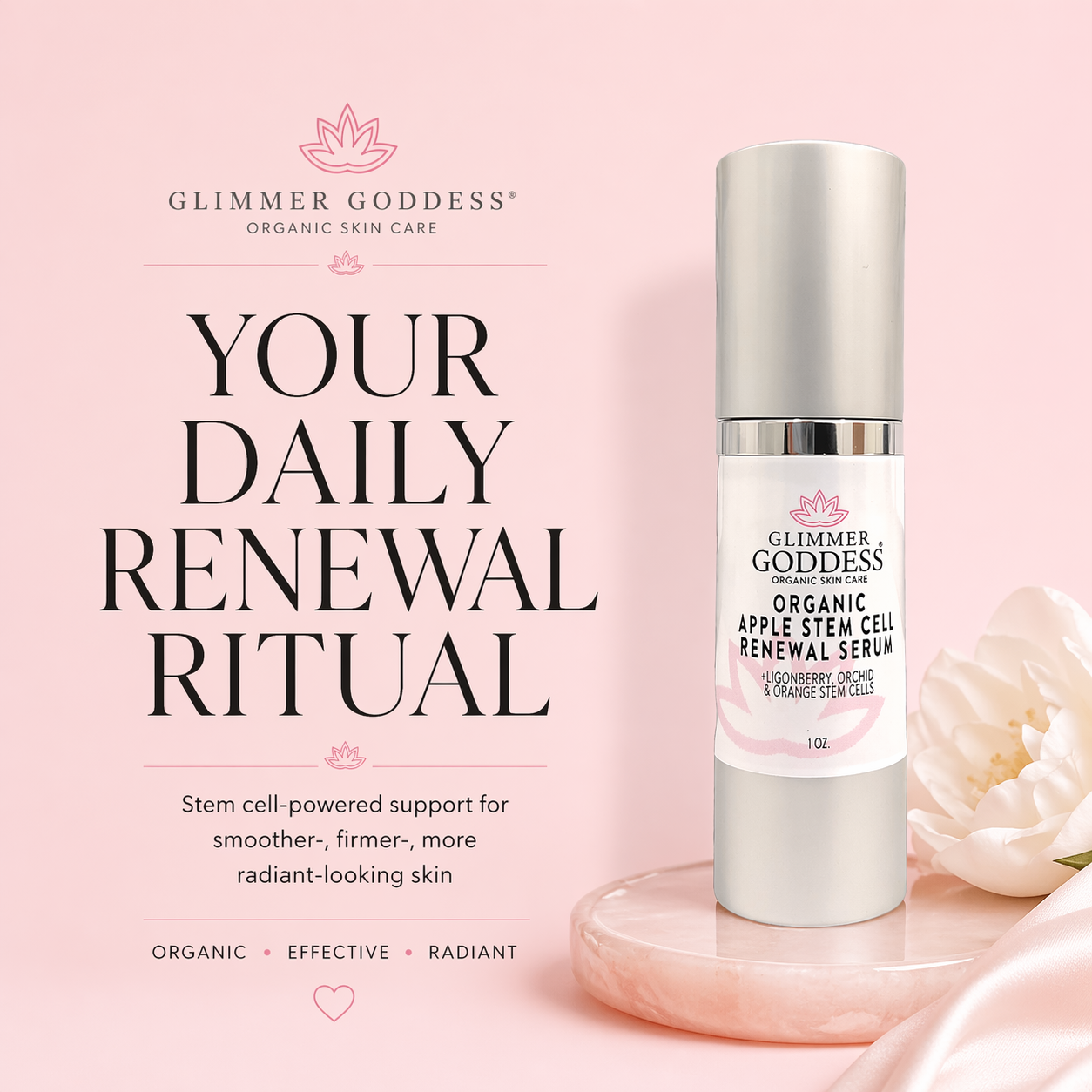 Bottle of Glimmer Goddess Organic Apple Stem Cell Anti-Aging Serum with dropper, showing the serum's smooth texture and packaging.