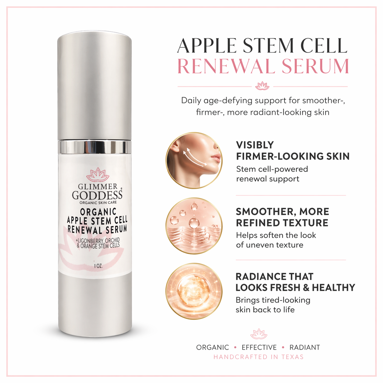 Organic apple stem cell serum by Glimmer Goddess® Organic Skin Care, showing a glass dropper bottle and fresh apples.