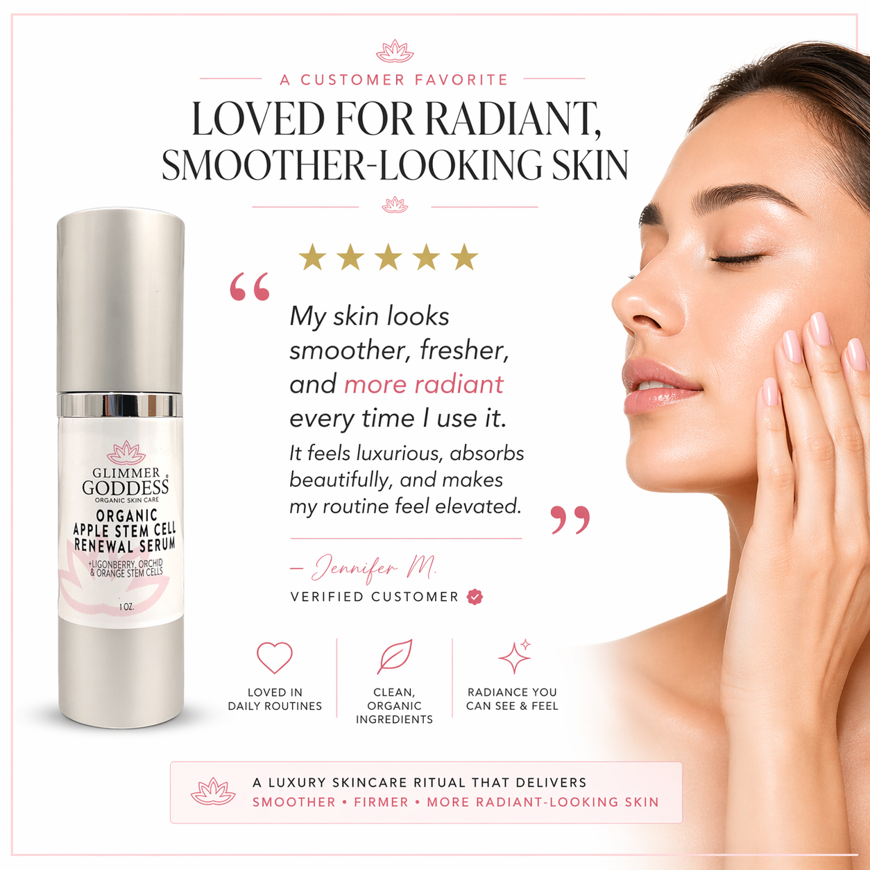 Organic apple stem cell serum by Glimmer Goddess® Organic Skin Care, featuring a dropper bottle and fresh apple slices.