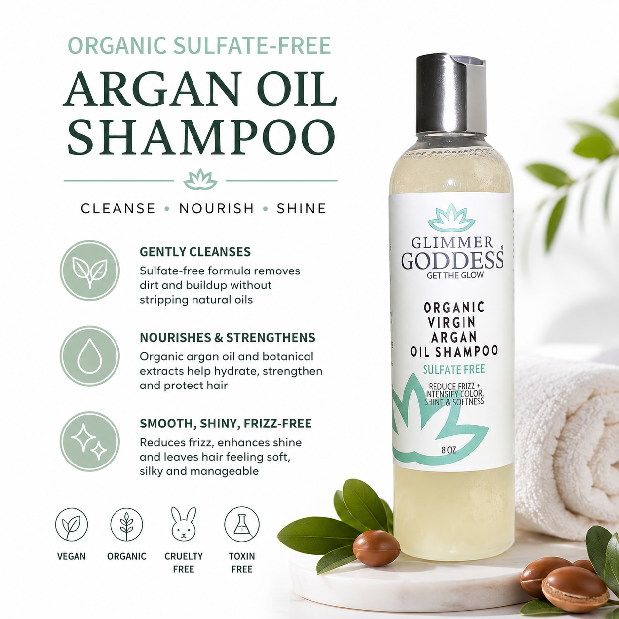 Argan Oil Shampoo bottle by Glimmer Goddess shown on a clean white background with marketing text, icons, and props including argan nuts and green leaves. The bottle is clear with pale yellow liquid inside and a white label with teal accents.