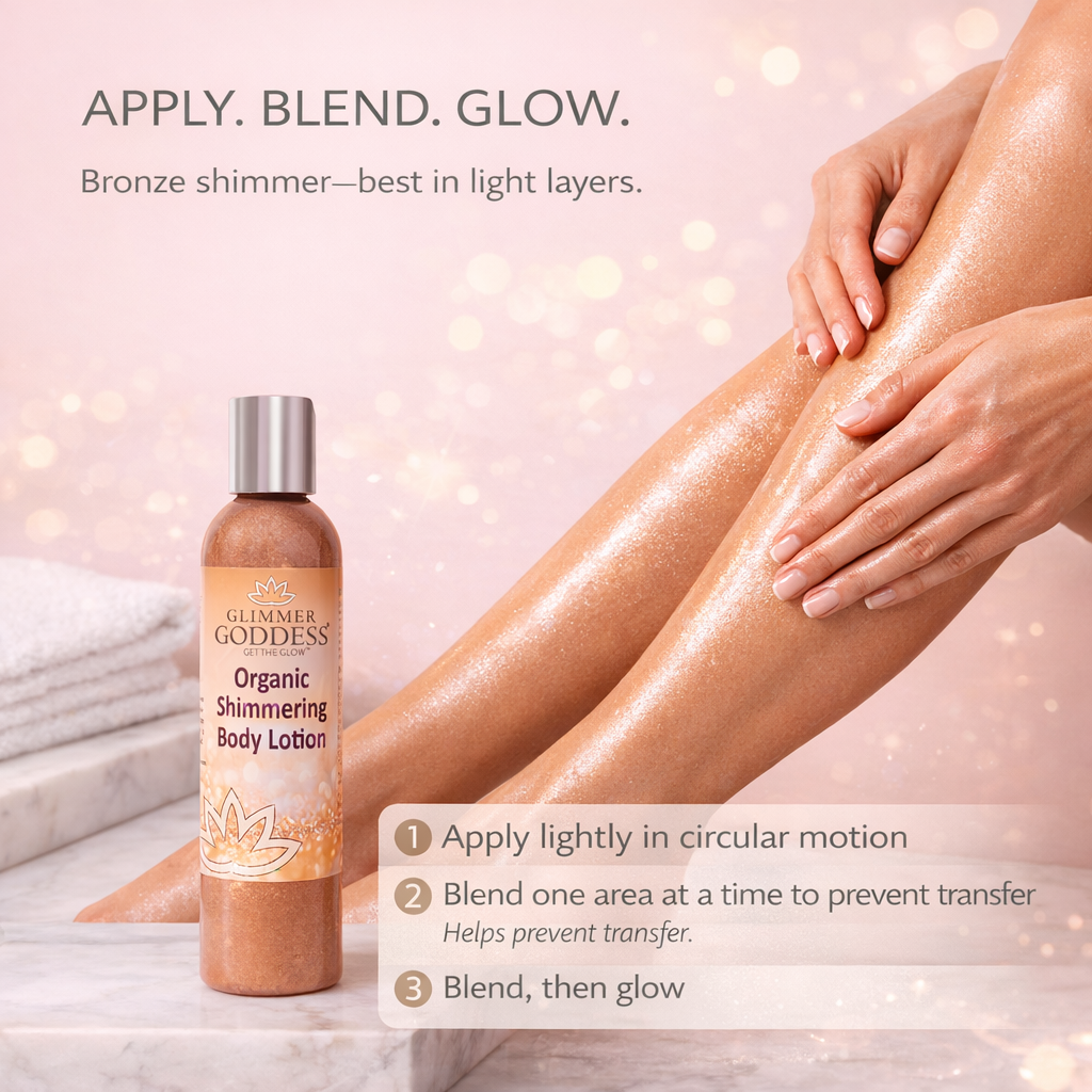 Organic bronze shimmer body lotion from Glimmer Goddess® with a luminous, buildable glow and radiant bronze finish.