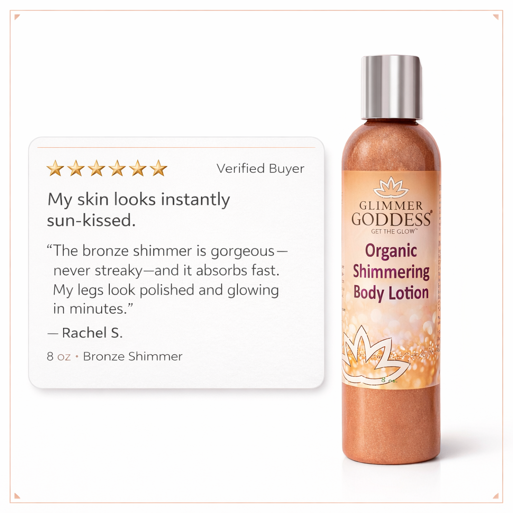 Organic bronze shimmer body lotion by Glimmer Goddess® with a luminous glow, featuring a smooth, buildable shimmer finish.