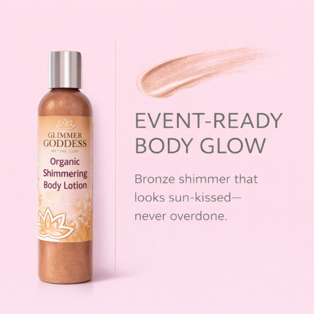 Organic bronze shimmer body lotion by Glimmer Goddess® Organic Skin Care with a luminous, buildable glow on the skin.