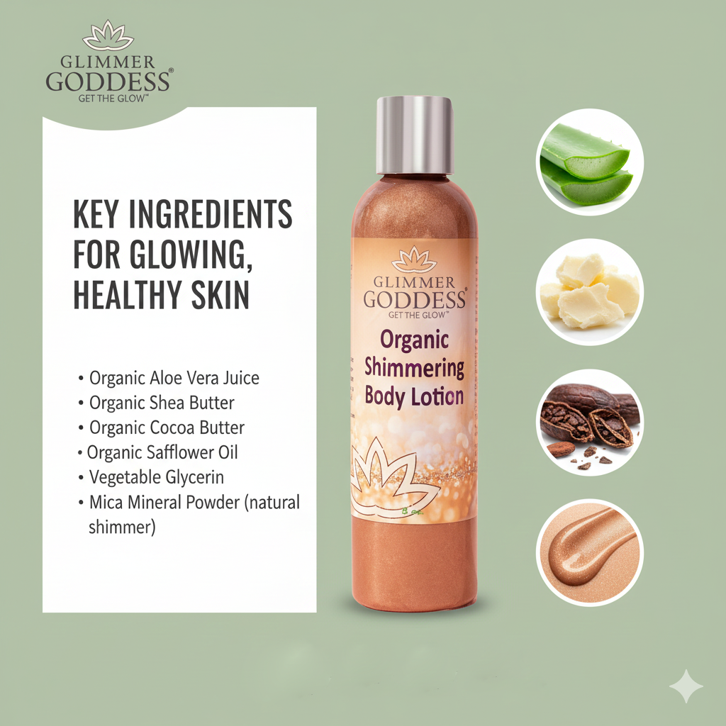 Organic Bronze Shimmer Body Lotion by Glimmer Goddess® with luminous glow and key ingredients visible in the image.