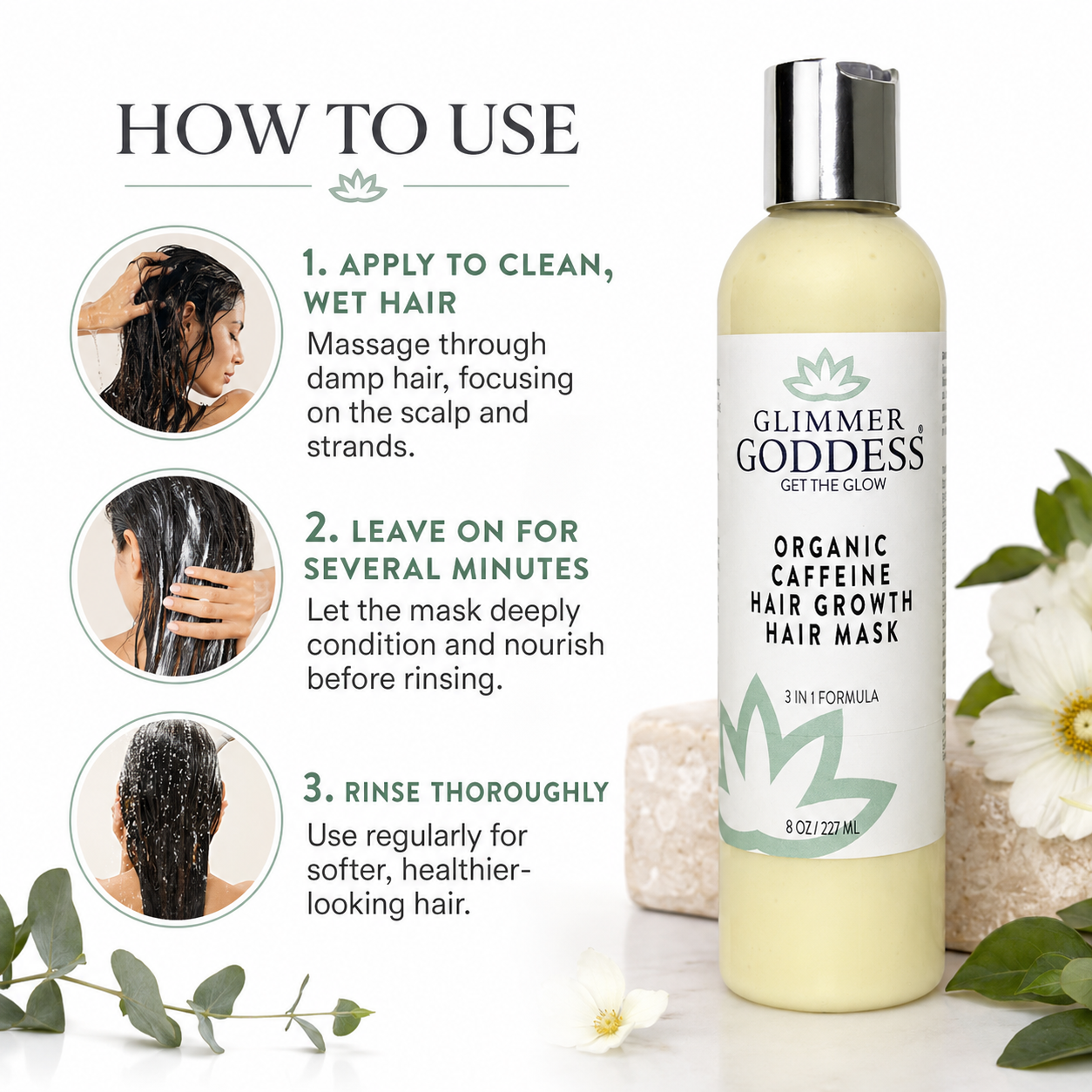 A bottle of Glimmer Goddess Organic Caffeine Hair Growth Hair Mask stands on a white surface beside a 'How to Use' instruction graphic. The bottle is pale yellow with a silver cap, and the instructions show three circular photos of wet hair with steps for application and rinsing.