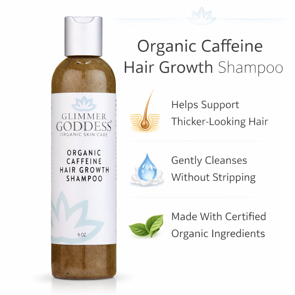Organic caffeine shampoo for hair growth by Glimmer Goddess® features a bottle with stimulating formula for healthier, thicker hair.
