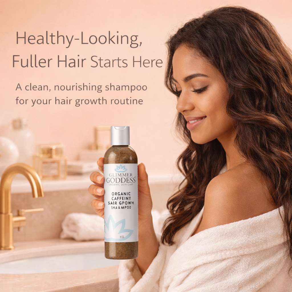 Organic Caffeine Shampoo for hair growth by Glimmer Goddess® showing a bottle of stimulating hair growth shampoo on a clean background.