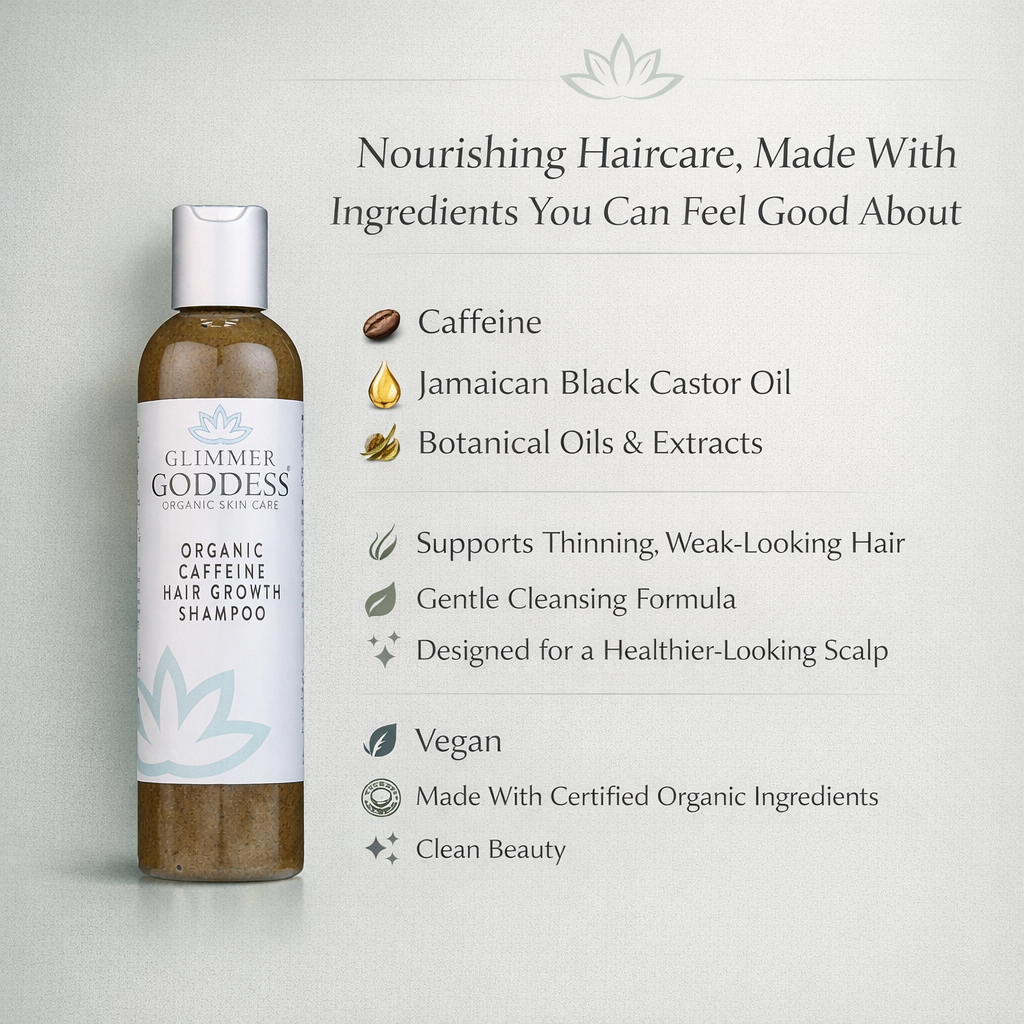 Organic caffeine shampoo for hair growth by Glimmer Goddess® showing the bottle with stimulating formula and herbal ingredients.