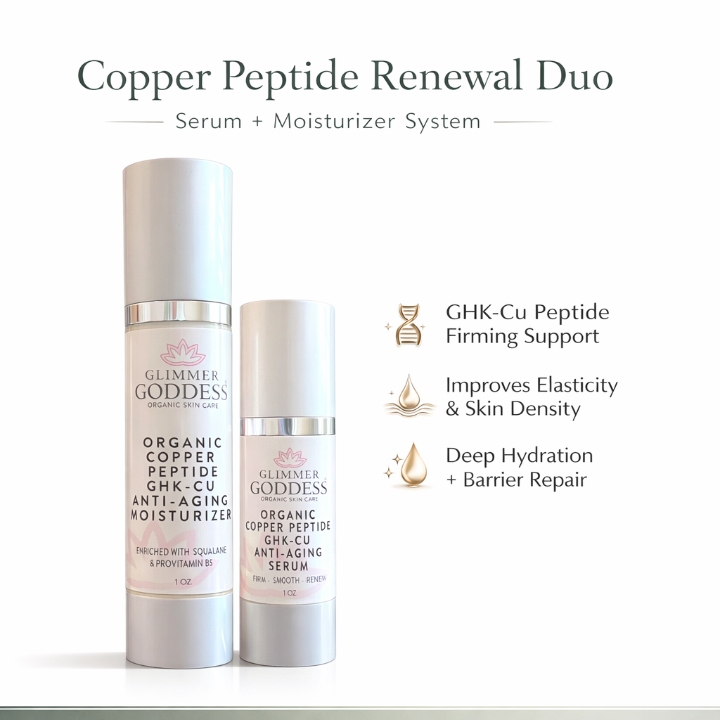 Copper Peptide GHK-Cu Serum and Anti-Aging Moisturizer Duo by Glimmer Goddess on white background featuring organic copper peptides for firming, elasticity, hydration, and skin renewal system.